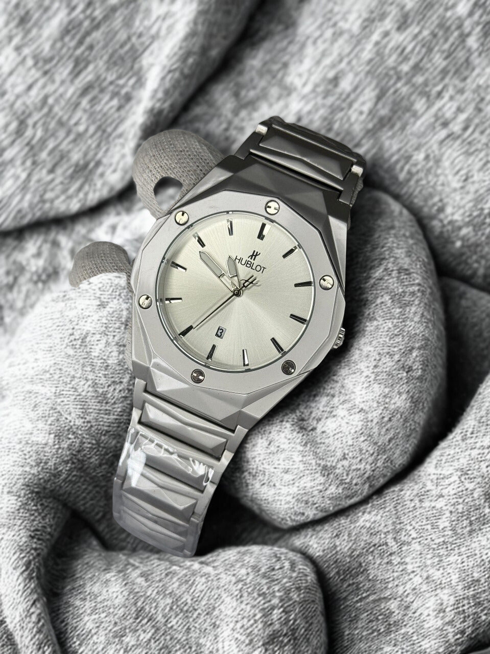Luxury HUBLOT-Inspired Silver Stainless Steel Watch